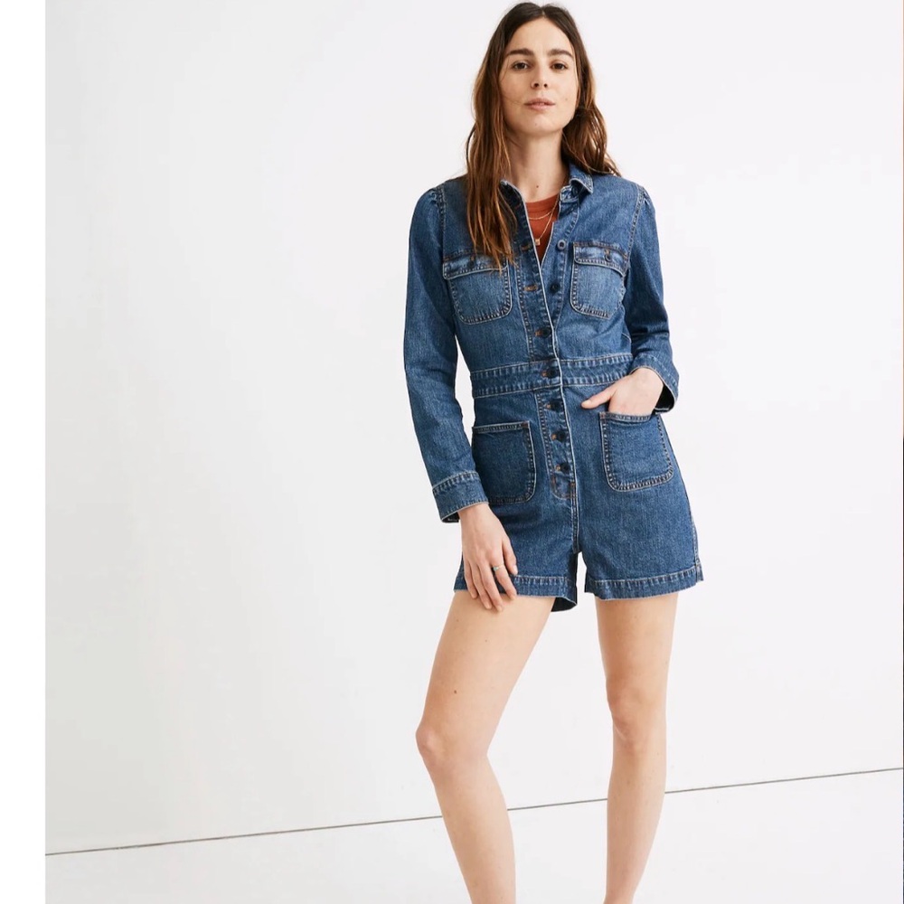 Madewell Denim Long-Sleeve Romper in Vasey Wash Blue Size 10